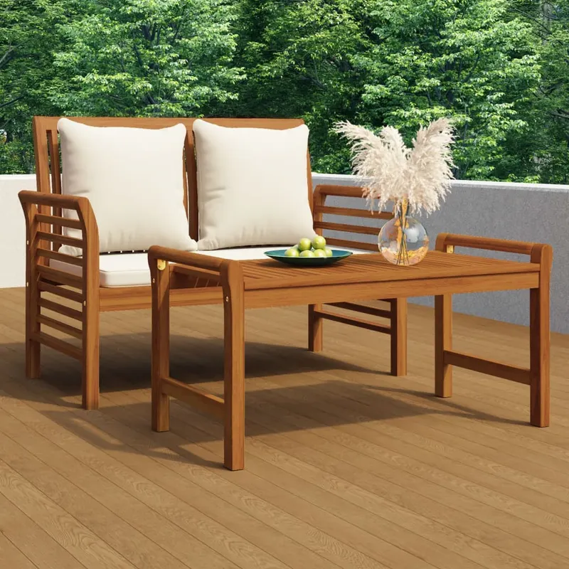 set mobilier gradina cu perne alb crem, 2 piese, lemn masiv