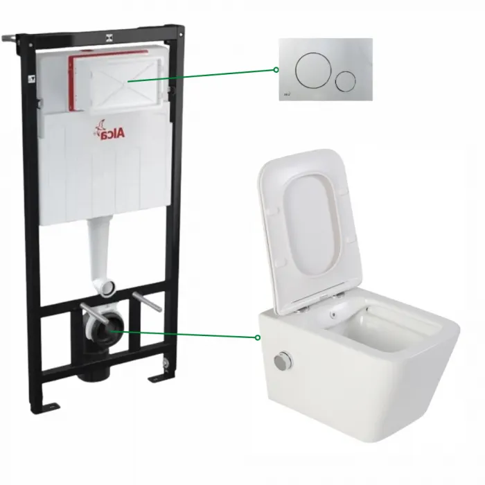 Set vas wc suspendat alb cu functie bideu si baterie crom mat Safari, rezervor wc incastrat si clapeta crom mat, Alcadrain