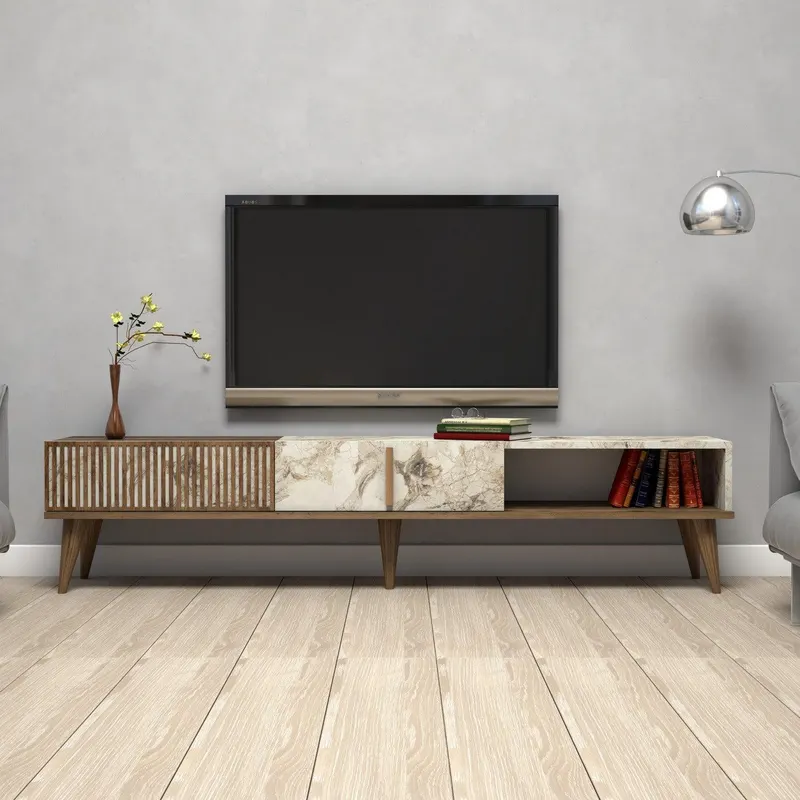 Comoda Tv Lux Elixir cu 3 Compartimente, Alb - Nuc, 180x40x35 cm - Nuc
