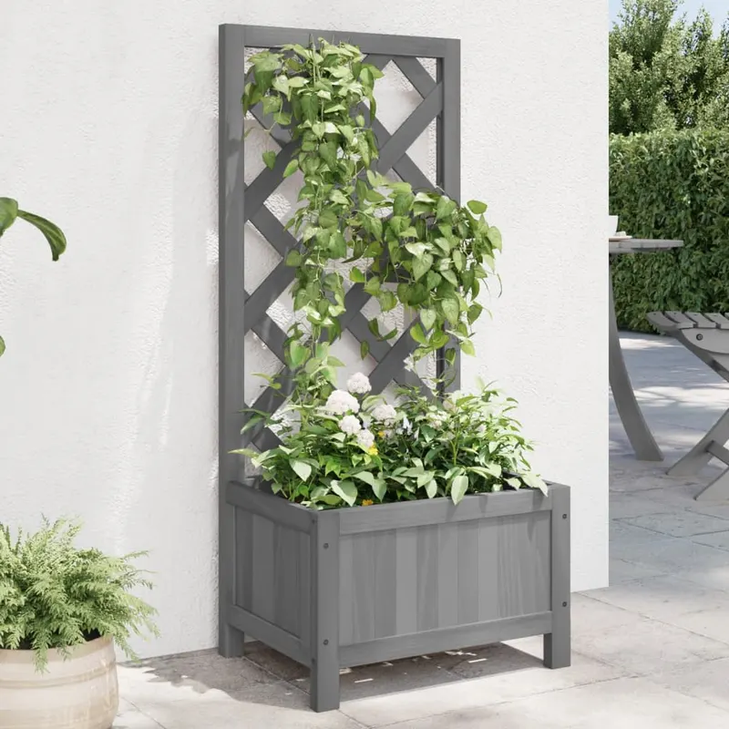 jardiniera cu spalier, gri, lemn masiv de brad