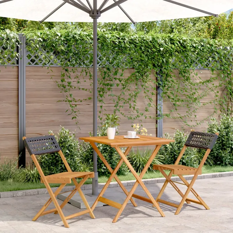 set mobilier bistro, 3 piese, negru, poliratan si lemn masiv