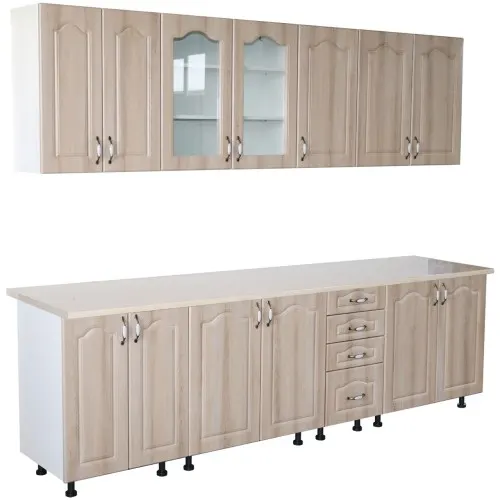 Bucatarie Zebra 260 cm din MDF Sonoma Mustata cu blat termoizolant alb/gri