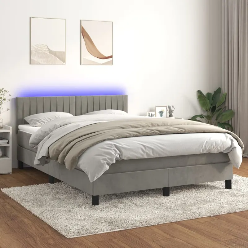 pat cu arcuri, saltea si led, gri deschis, 140x200 cm, catifea