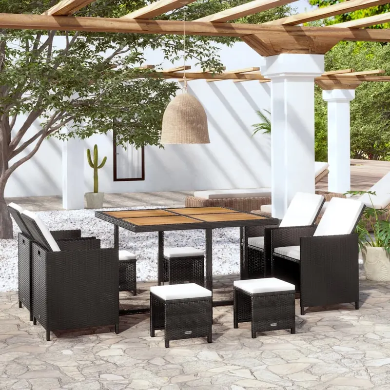 set mobilier de exterior, 9 piese negru, poliratan, lemn acacia