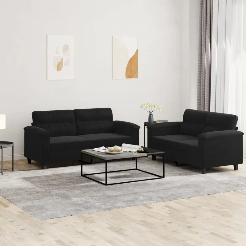 set de canapele cu perne, 2 piese, negru, microfibra