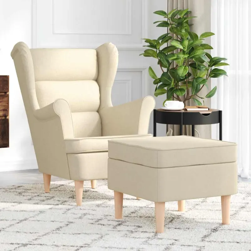 fotoliu cu taburet pentru picioare, crem, material textil