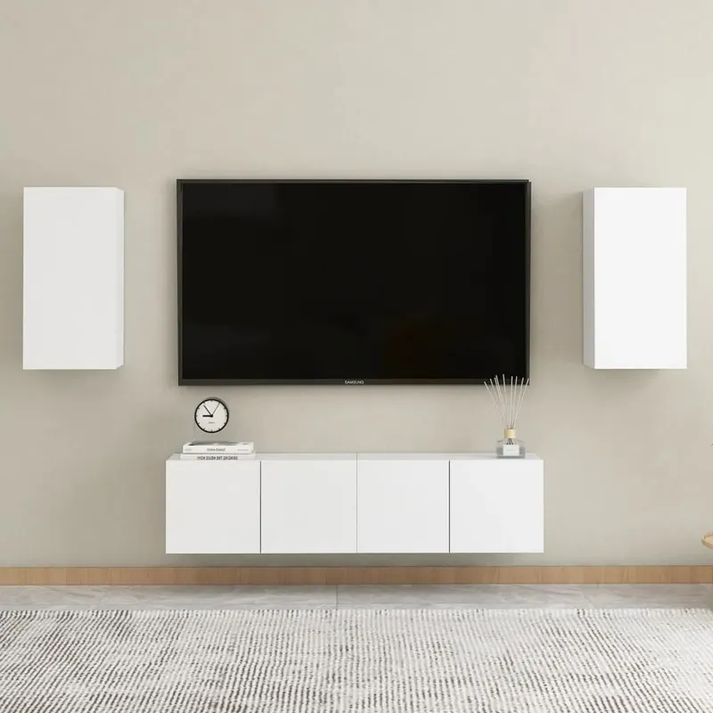 set comoda tv, 4 piese, alb, lemn prelucrat