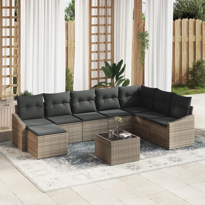 set de dining pentru gradina cu 8 piese si perne din ratan poly negru