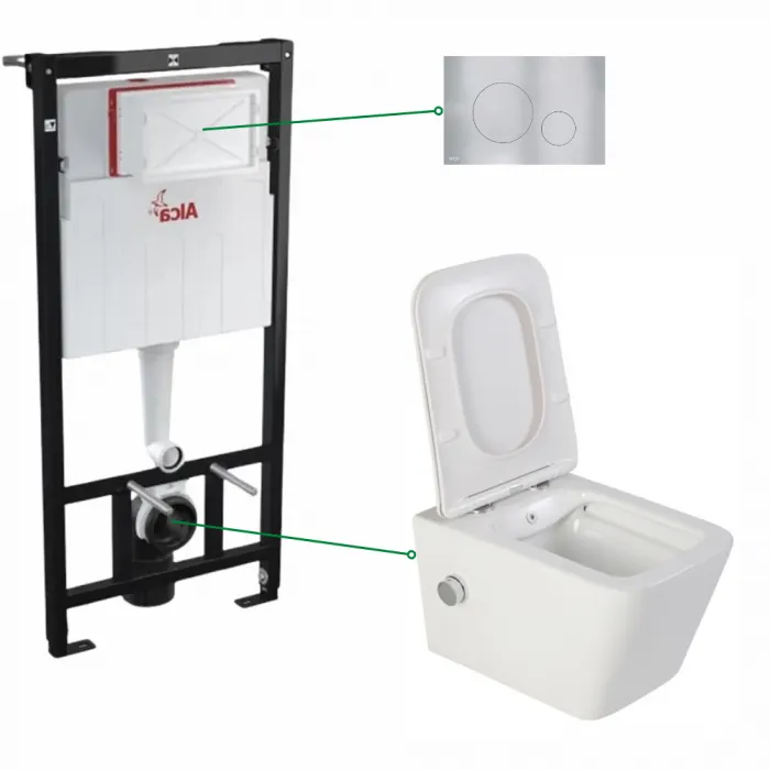 Set vas wc suspendat alb cu functie bideu si baterie crom mat Safari, rezervor wc incastrat si clapeta aluminiu mat , Alcadrain