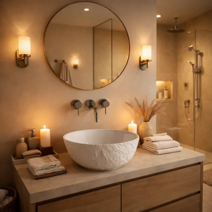 Lavoar baie compozit cu montare pe blat 42 cm, ventil inclus, alb, rotund, Ciment