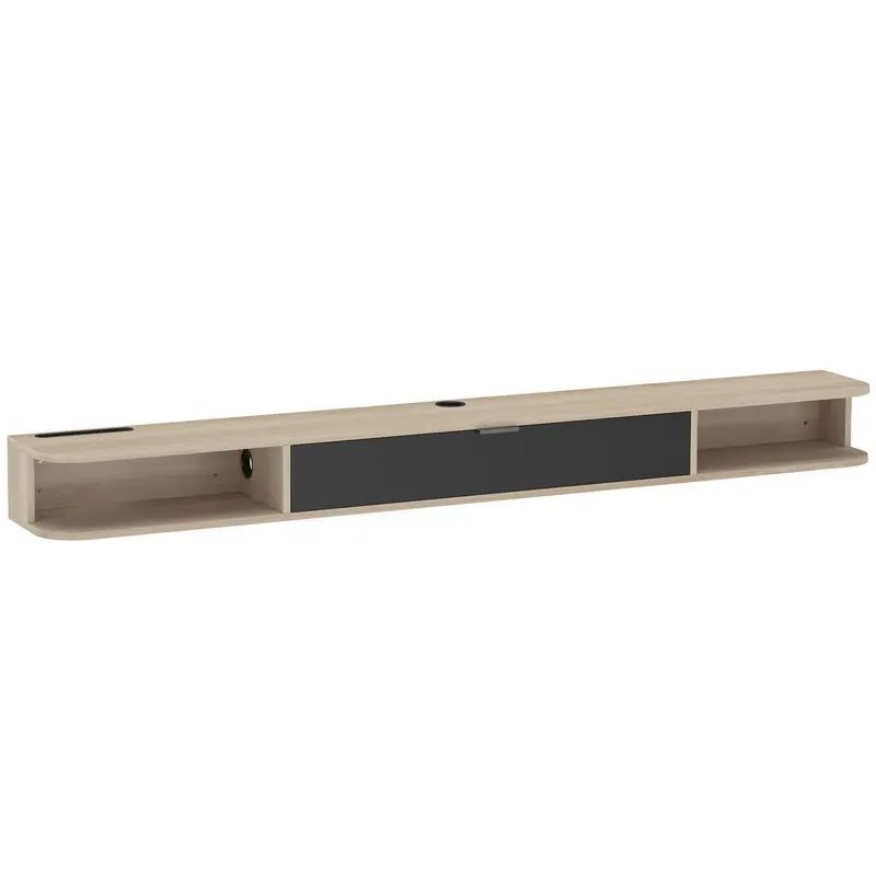 HOMCOM Raft TV suspendat, mobilier TV pentru televizoare până la 190,5 cm, sertar rabatabil, 2 rafturi 180x24x16cm lemn natural