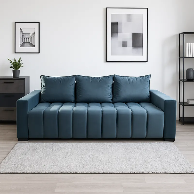 Canapea ZARA extensibila, 3 locuri, cu lada de depozitare, catifea albastru deschis , 220x95x80 Albastru Deschis, Catifea