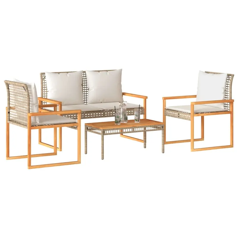 set mobilier de gradina, 4 piese, cu perne, mix bej, poliratan