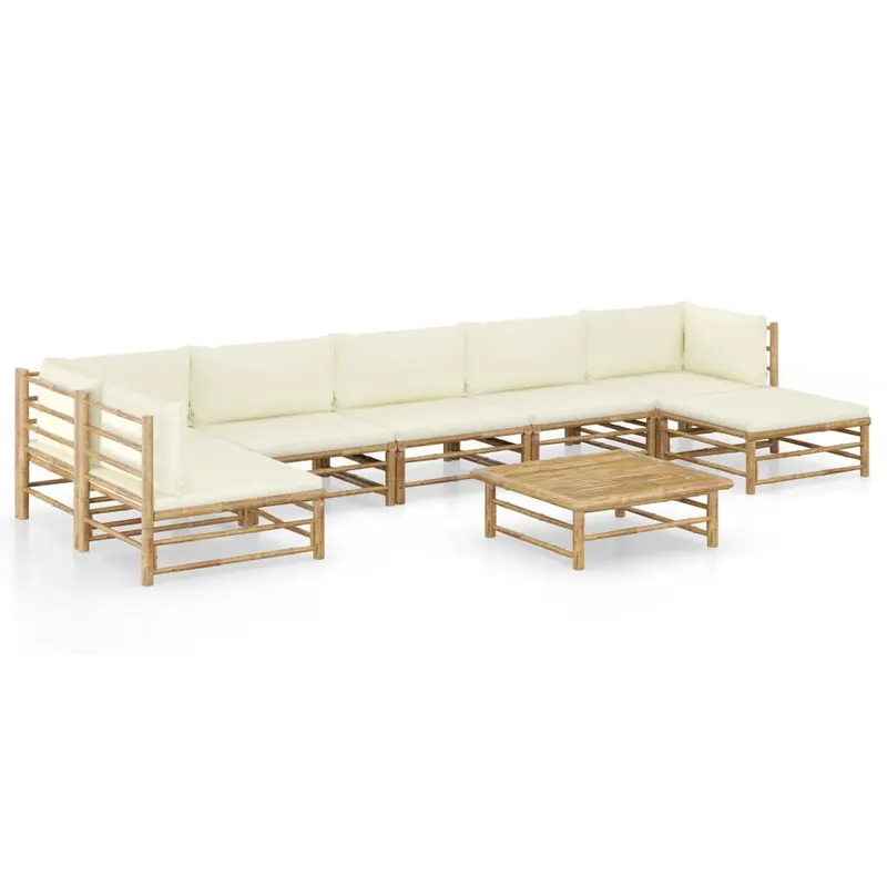 set mobilier de gradina, cu perne alb crem, 8 piese, bambus