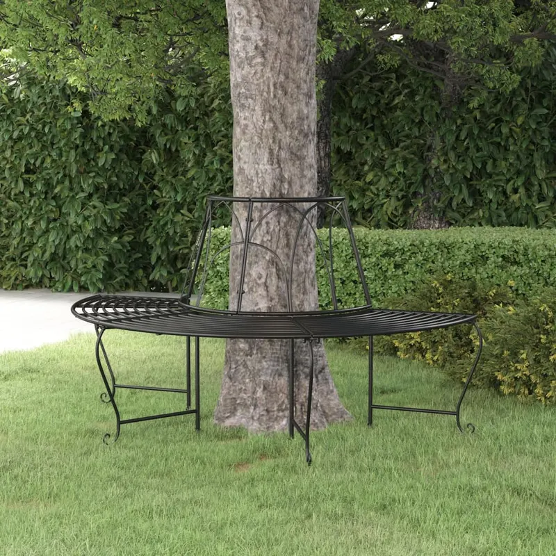 banca semicirculara de copac, negru, Ø159 cm, otel
