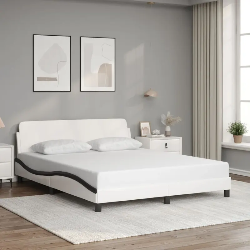 cadru de pat cu tablie, alb/negru, 160x200 cm, piele ecologica