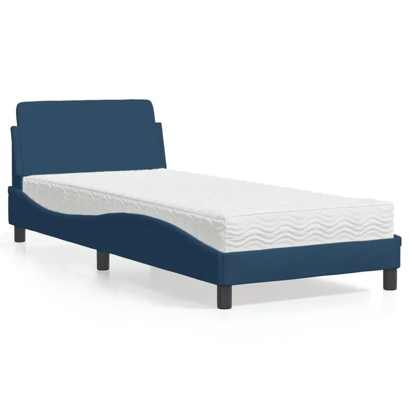pat cu saltea, albastru, 90x200 cm, textil