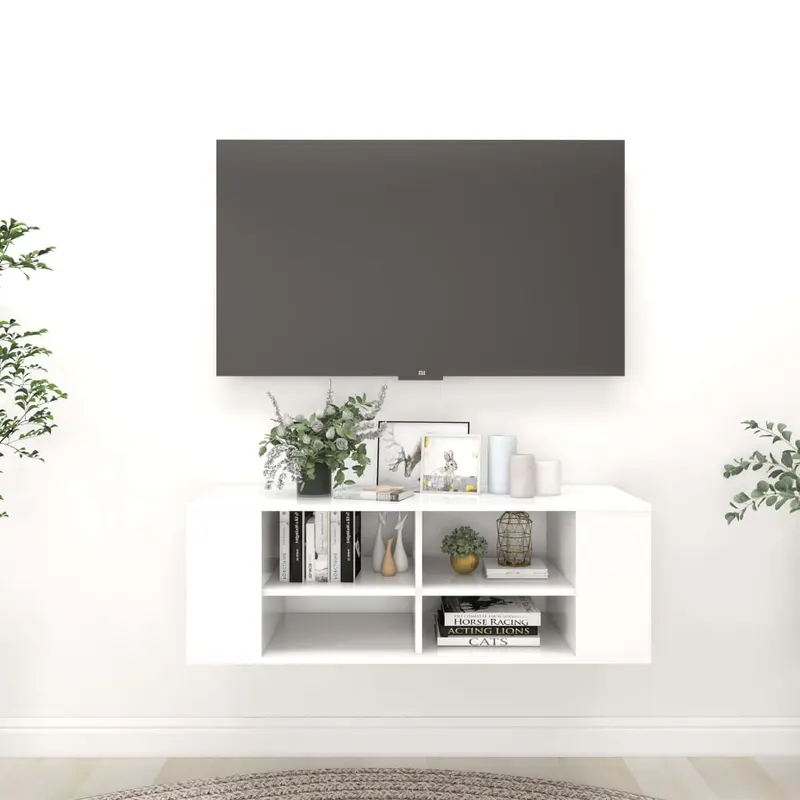 dulap tv montat pe perete, alb, 102x35x35 cm, lemn prelucrat