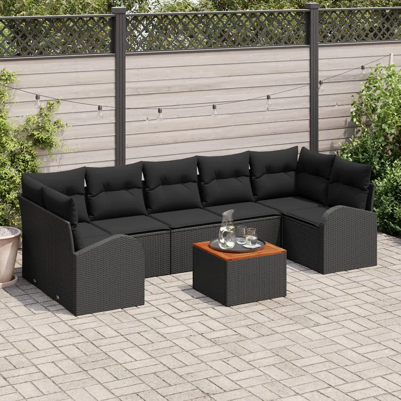 set de canapea de gradina cu 8 piese si perne negru ratan poli acacia, canapea de gradina pentru 2 persoane cu spatiu de depozitare si perne negru ratan poli