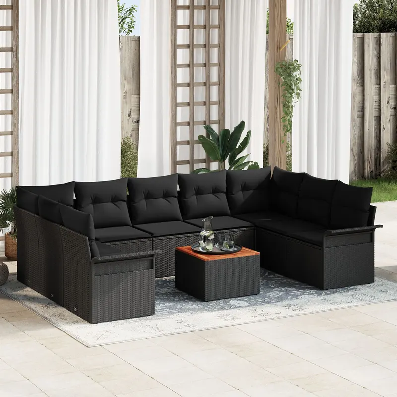 set de canapea pentru gradina cu 10 piese cu perne negru poliratan acacia