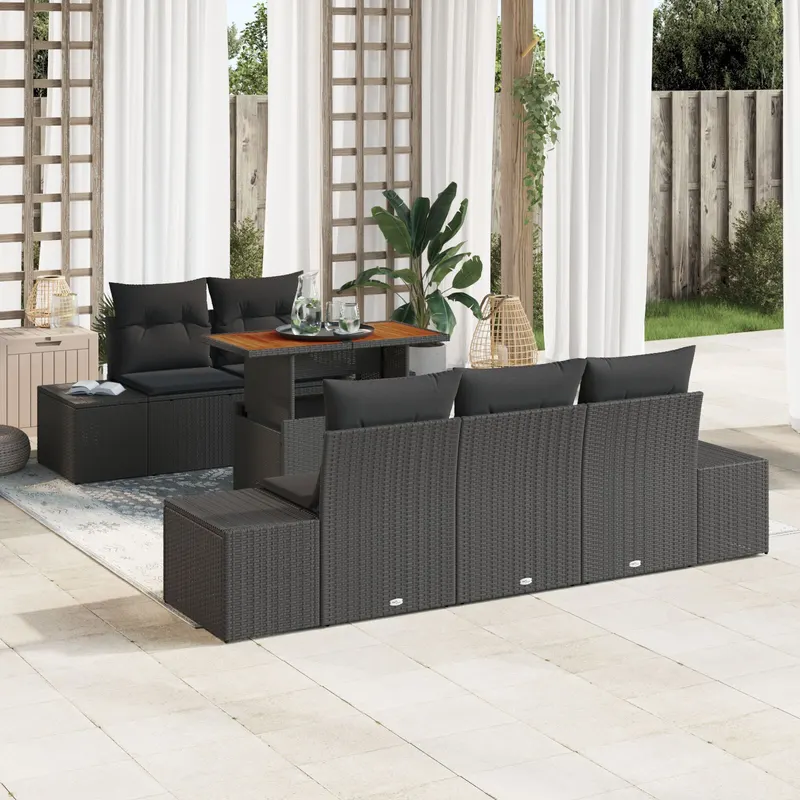 set de dining pentru gradina de 6 piese cu perne, ratan negru si acacia