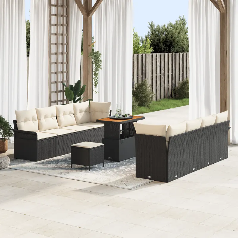 Set de sofa pentru gradina de 11 piese cu perne ratan poli negru acacia, sofa de gradina de 2 locuri cu perne ratan poli negru, set de dining pentru gradina de 3 piese cu perne ratan poli negru acacia