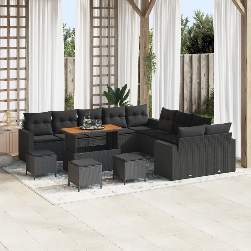 Set canapea gradina 14 piese cu perne negru poliratan acacia, set dining gradina 4 piese cu perne negru poliratan acacia