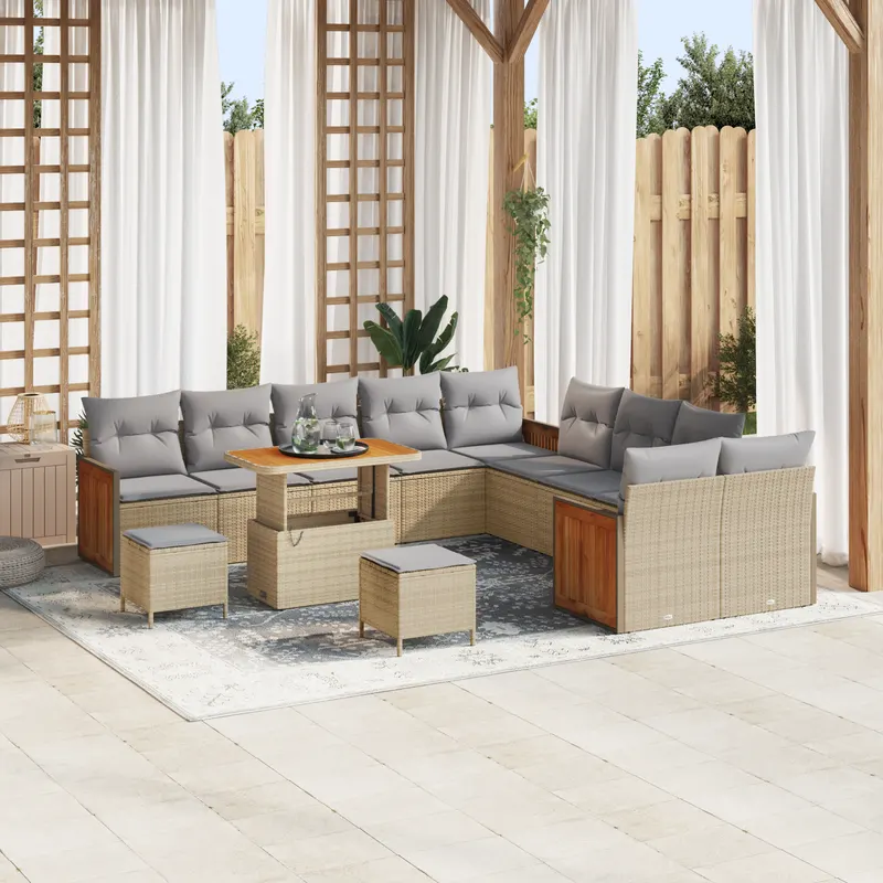 Set canapea gradina cu perne, bej, rattan poli, acacia, set dining gradina cu 3 piese si perne, bej, rattan poli, acacia