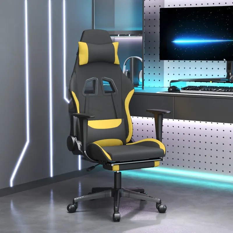 scaun de gaming cu masaj/suport picioare, negru/galben, textil