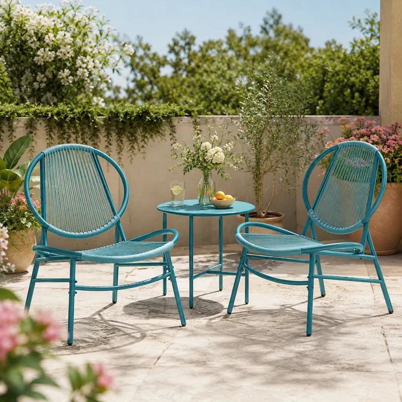 Set bistro gradina 3 piese, scaune Acapulco si masa diametru 50 cm, cadru metalic, albastru