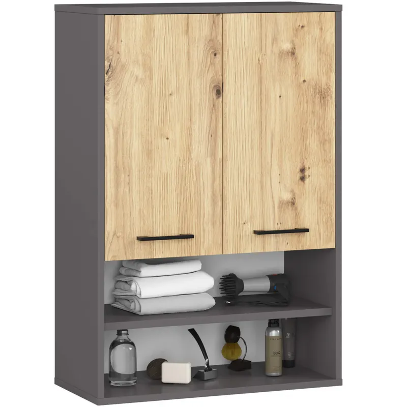 Dulap baie suspendat, cu 2 usi si 2 rafturi deschise, PAL 16 mm, 64x30x94 cm, gri si stejar artisan