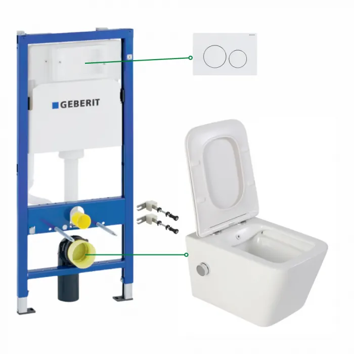 Set vas wc suspendat cu functie bideu si baterie crom Safari, rezervor incastrat si clapeta alb lucios, Geberit Delta