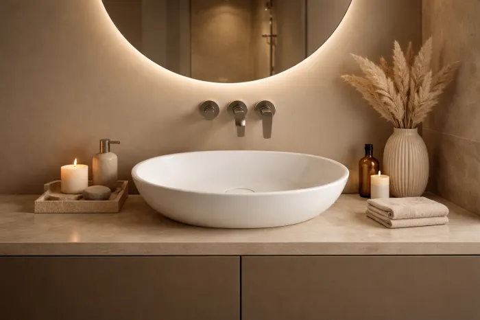 Lavoar baie compozit cu montare pe blat 60 cm, alb, oval, Bella