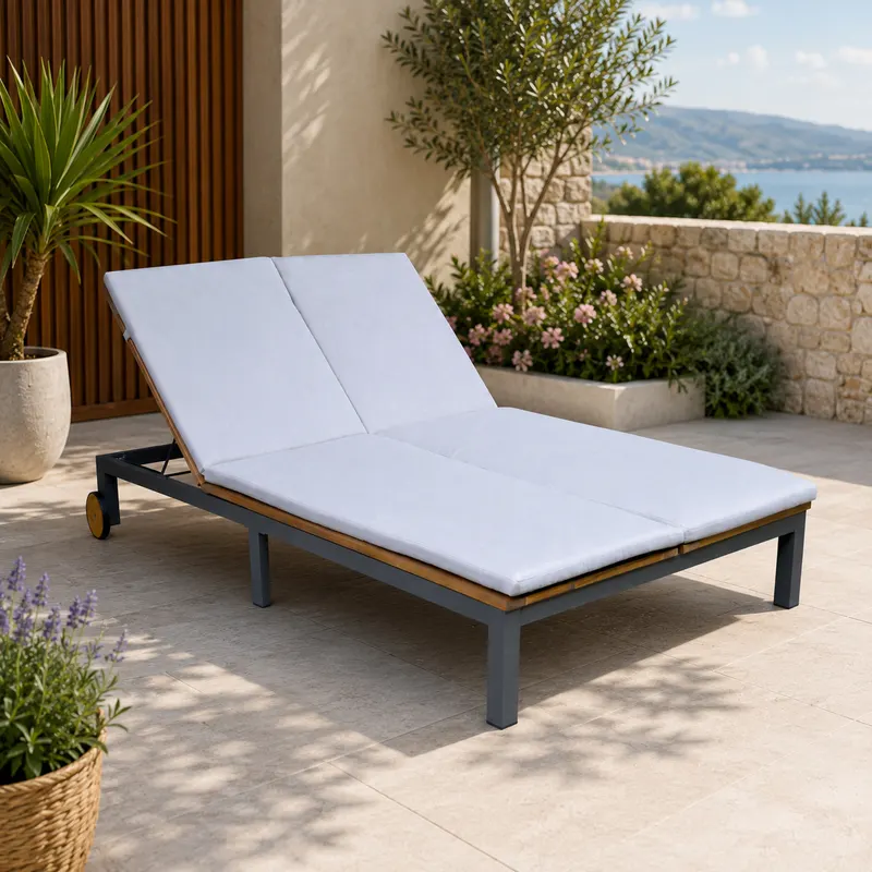 Sezlong dublu de gradina cu roti, din lemn de acacia, 202x120x31 cm, maro