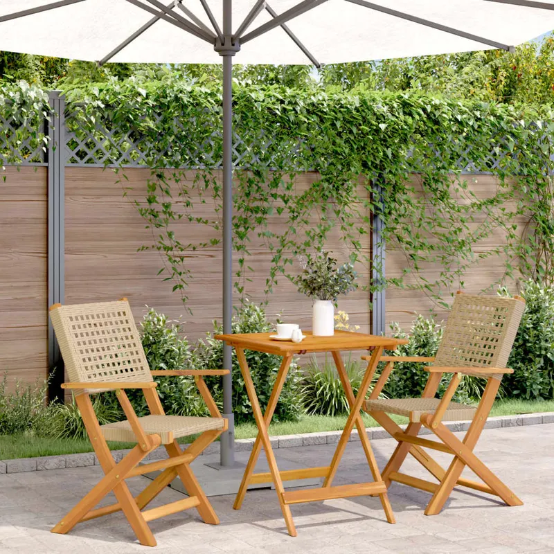 set mobilier bistro, 3 piese, poliratan bej/lemn masiv