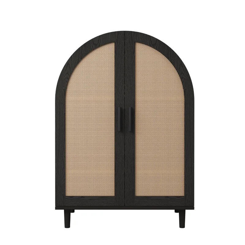 Dulap pentru pantofi cu exterior rotunjit, uși din ratan decupate și 3 rafturi, 70x40x100 cm, Culoare naturală+Negru