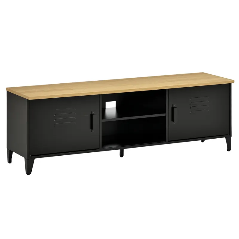 HOMCOM Mobilier TV Banc TV pentru televizoare de 55'' cu 2 Dulapuri Picioare Reglabile Cadru metalic negru Tablou din lemn natural 150 x 40 x 50 cm