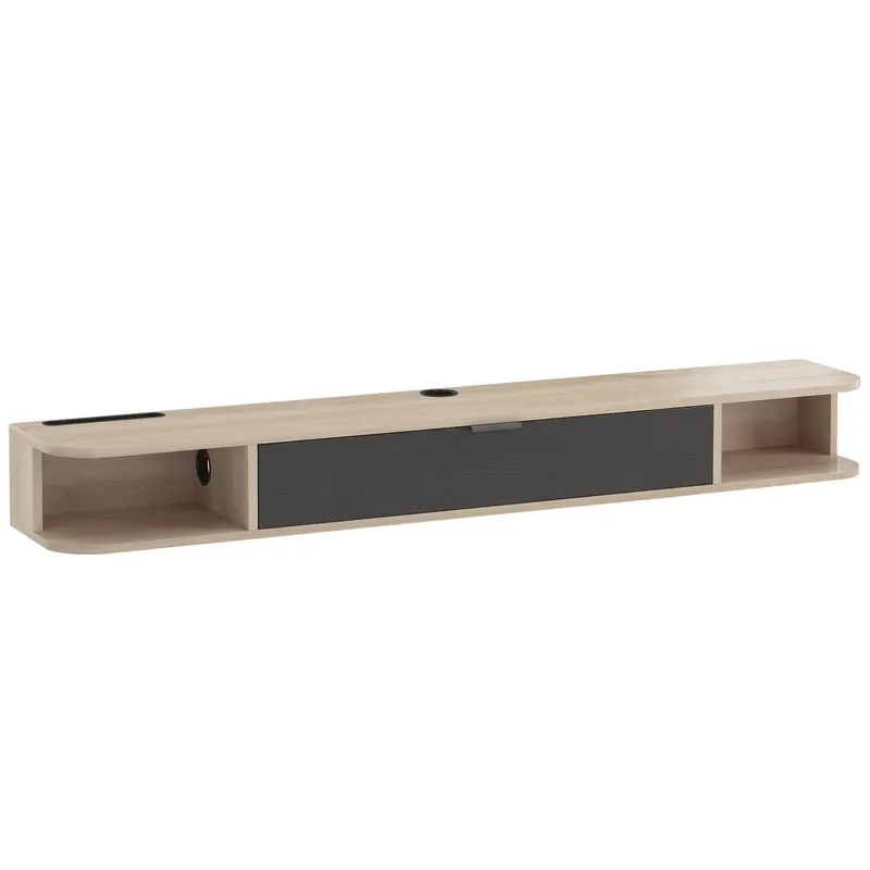 HOMCOM Mobilier TV suspendat, mobilier TV pentru televizoare de până la 152,4 cm, sertar rabatabil 2 rafturi 140x24x16cm lemn natural
