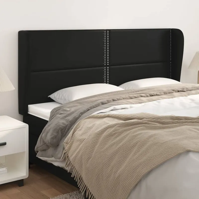 Tablie de pat cu aripioare, negru, 203x23x118/128 cm, piele eco