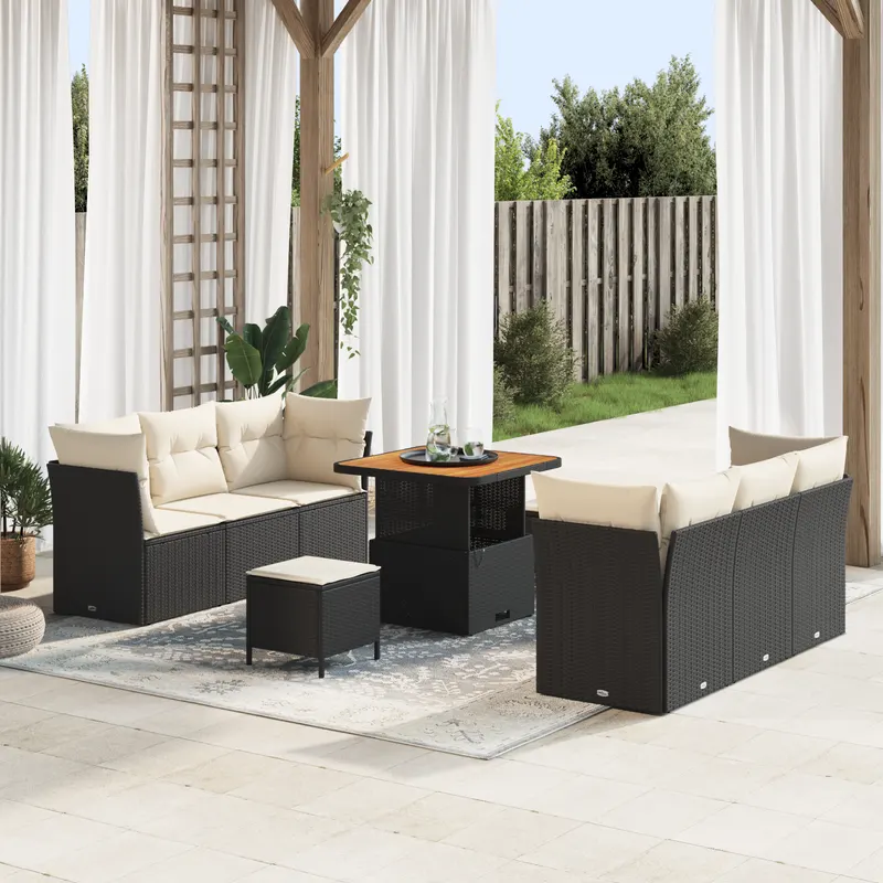 Set de canapele pentru gradina cu perne negru poli ratan acacia, set de dining pentru gradina cu perne negru poli ratan acacia