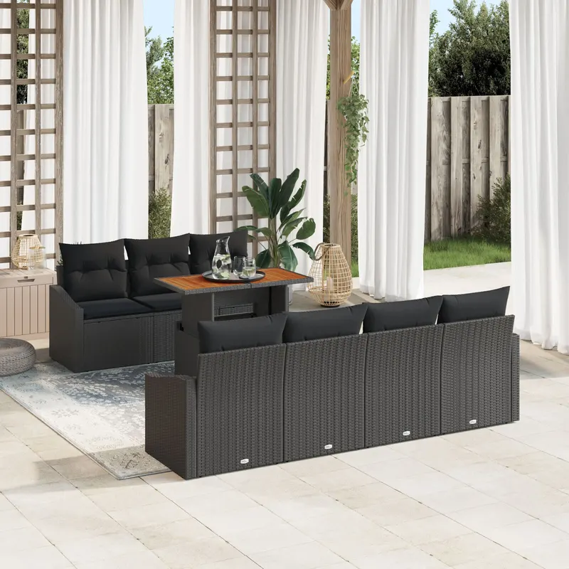 set de dining pentru gradina de 8 piese cu perne, poliratan negru, acacia