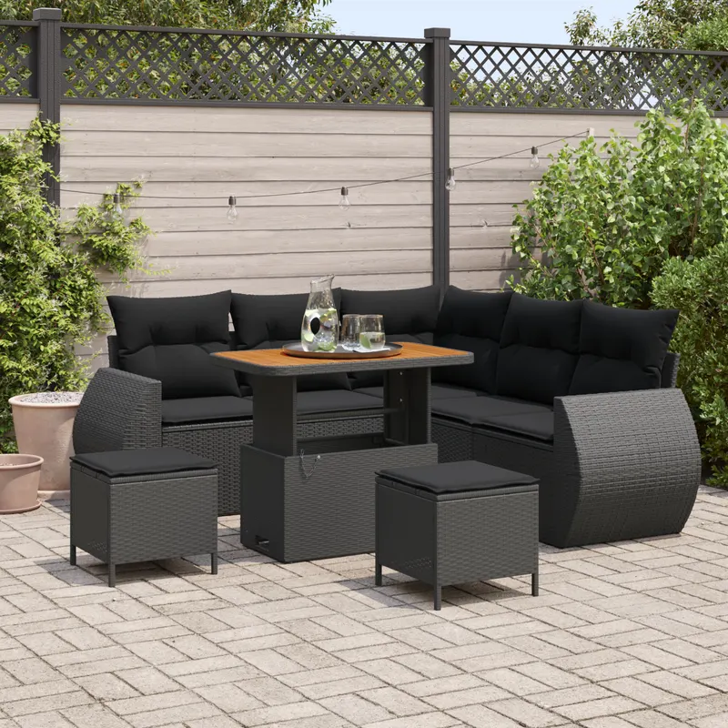 Set canapea gradina cu perne, negru, poliratan, acacia, set dining gradina cu perne, negru, poliratan, acacia