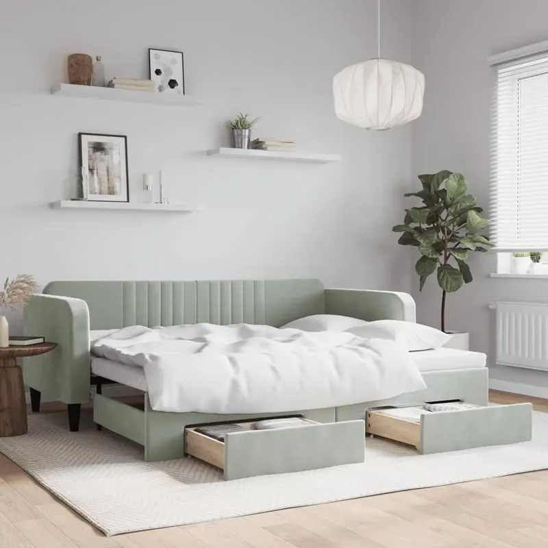 pat de zi cu extensie si sertare, gri deschis 90x200 cm catifea