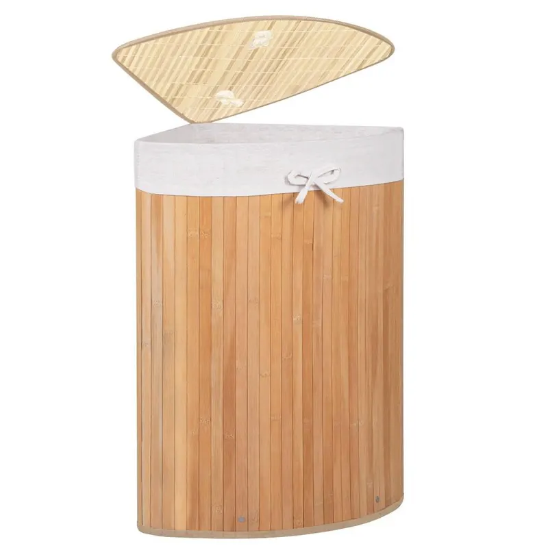 Cos de rufe triunghiular pentru colt cu capac, bambus si sac textil detasabil, 60 litri, 55x35x60 cm, maro natur
