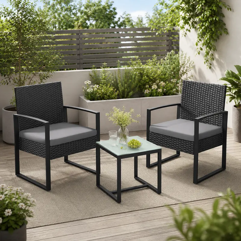 Set mobilier pentru gradina cu 2 scaune cu perne si masuta, cadru metalic, impletitura PE, negru si gri