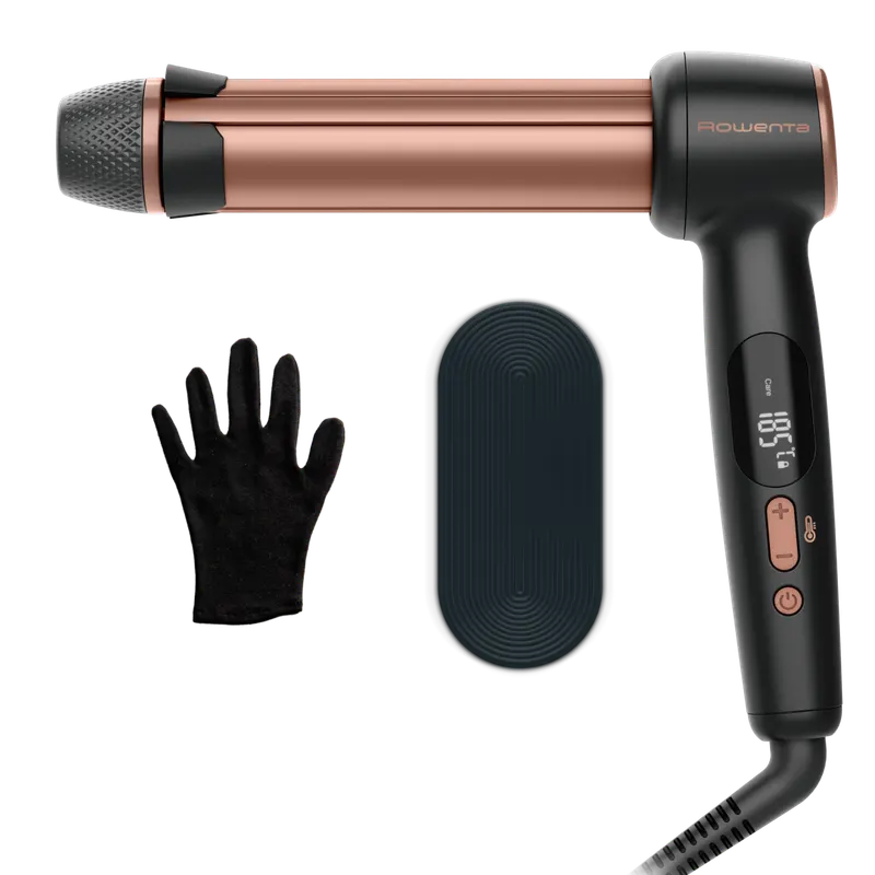Ondulator de par Rowenta Twist Curl CF4620E0, ajustabil pe 3 diametre, temperatura ajustabila, invelis ceramic, 75 W, negru roz