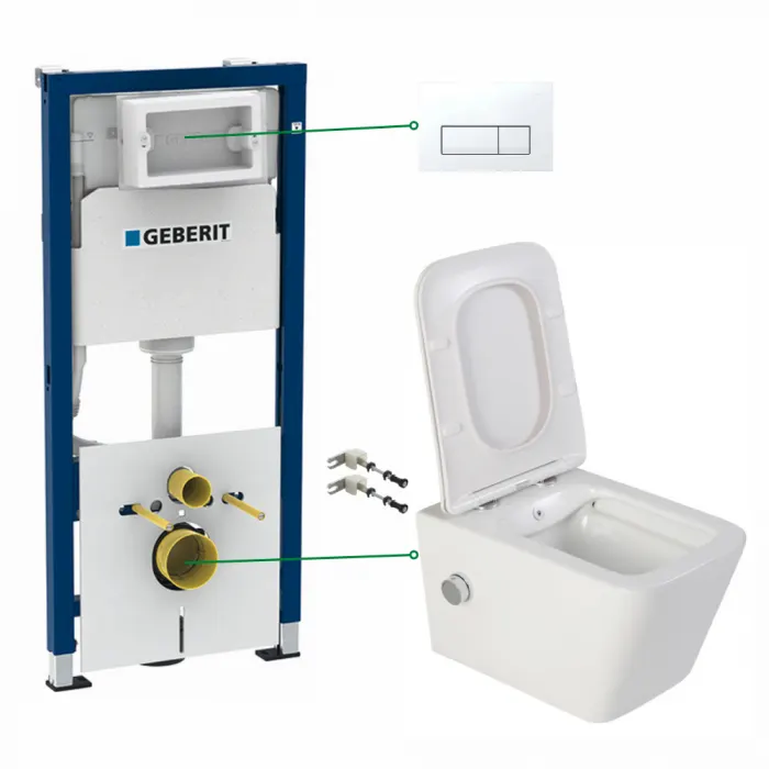 Set vas wc suspendat cu functie bideu si baterie crom Safari, rezervor wc incastrat si clapeta alb alpin, Geberit Delta 51