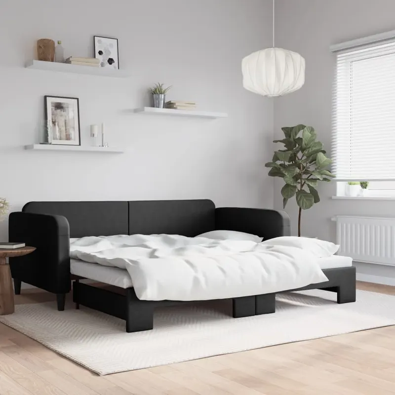 pat de zi cu extensie, negru, 100x200 cm, textil