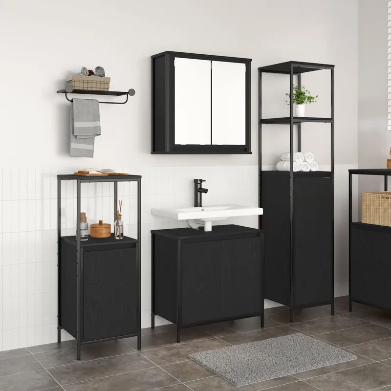 Set de mobila pentru baie 3 piese din lemn compozit stejar negru