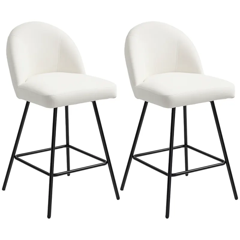 HOMCOM Set 2 Scaune de Bar cu Spătar din Catifea și Suport pentru Picioare, 48.5x56x92 cm, Alb Crem